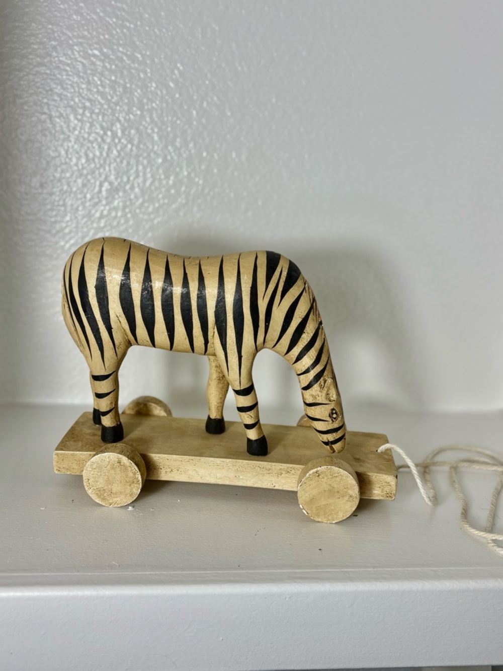 Vintage Hand Carved Wooden Zebra Pull Toy on Wheels Hanford Thailand Folk Art